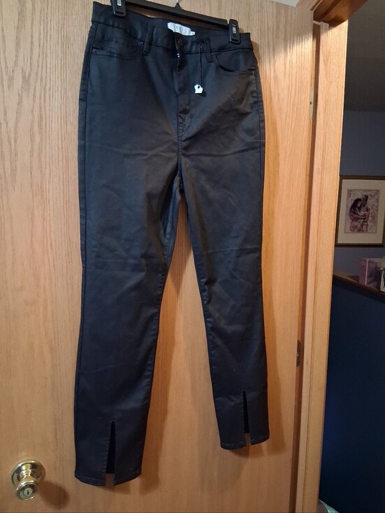 Vici Pants - VICI Los Angeles black coated jeans, Split Hem. Coated denim vegan leather look
